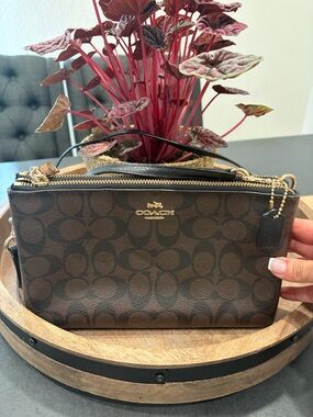 Coach Brown Signature Double Zip Crossbody with Gold Hardware